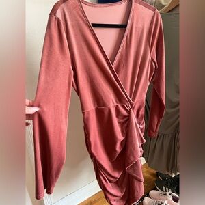 SHEIN Pink Ruched Tie Front Long Sleeve Dress